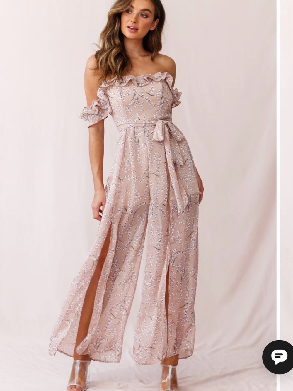 Selfie Leslie Blush Pink Off-Shoulder Floral Jumpsuit